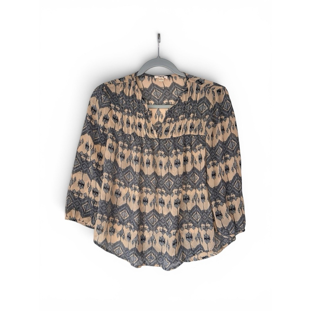 Timing Womens Blouse Small Beige Gray Ikat Boho Peasant 3/4 Sleeve Top